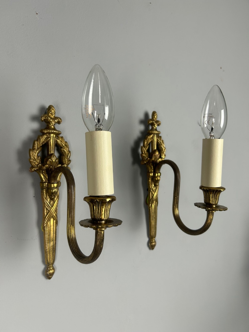 French Pair Of Single Arm Antique Brass Wall Lights View II