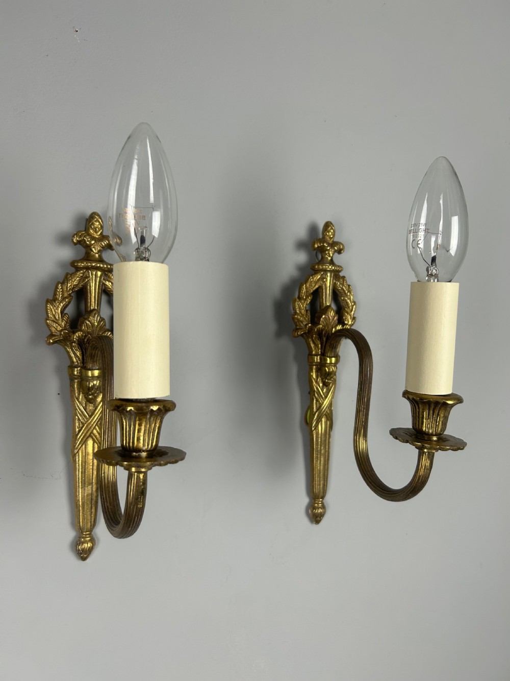 French Pair Of Single Arm Antique Brass Wall Lights View V
