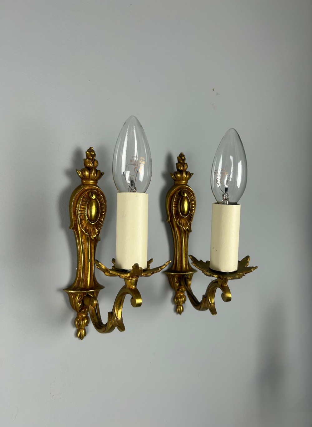 French Pair Of Single Arm Antique Gilt Brass Wall Lights