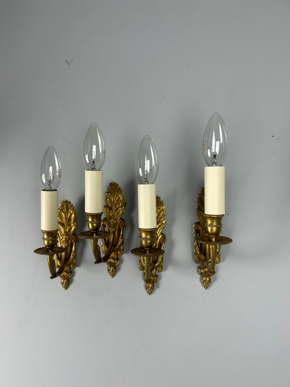 Set of 4 Single Arm Antique Gilt Brass Wall Lights View V