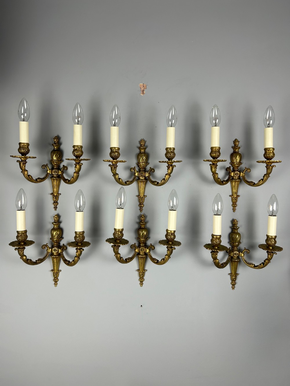 Set Of 6 French Gilded Antique Wall Lights, Rewired 