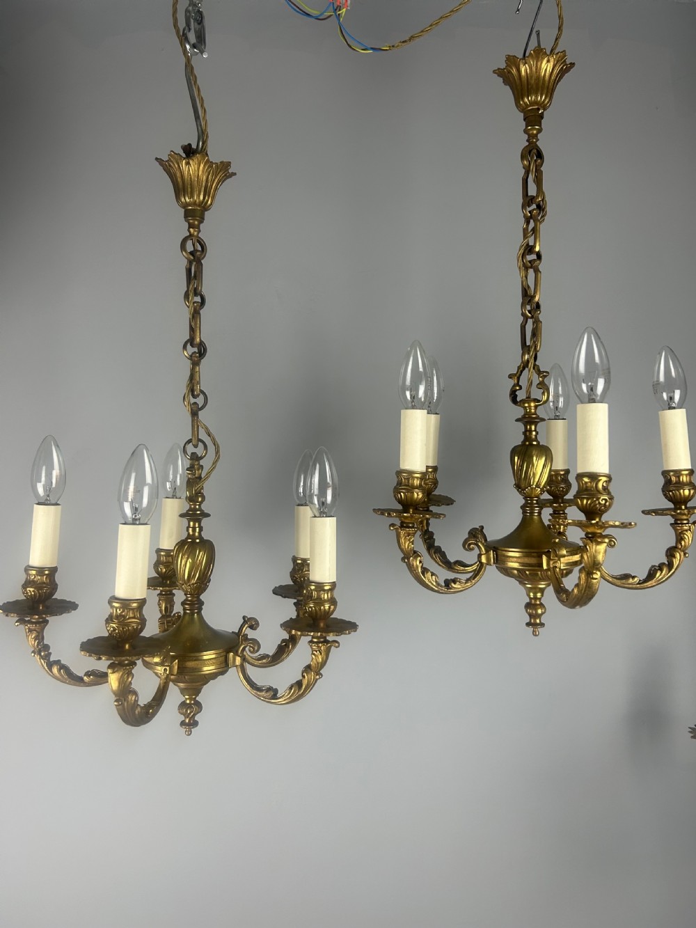 Pair of French Gilded Bronze 5 Light Antique Chandeliers