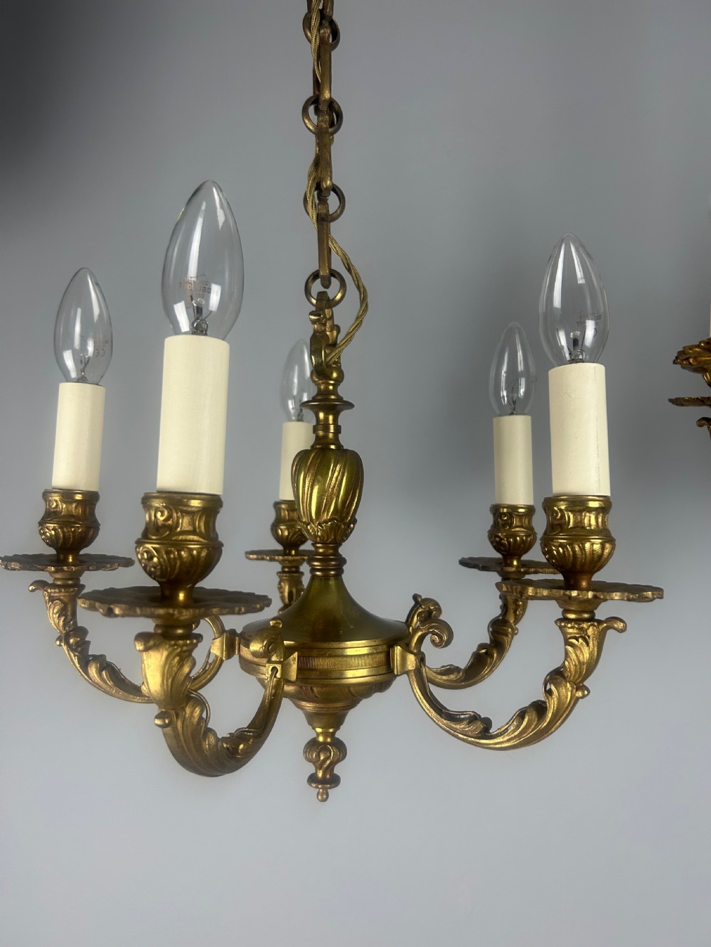 Pair of French Gilded Bronze 5 Light Antique Chandeliers View V
