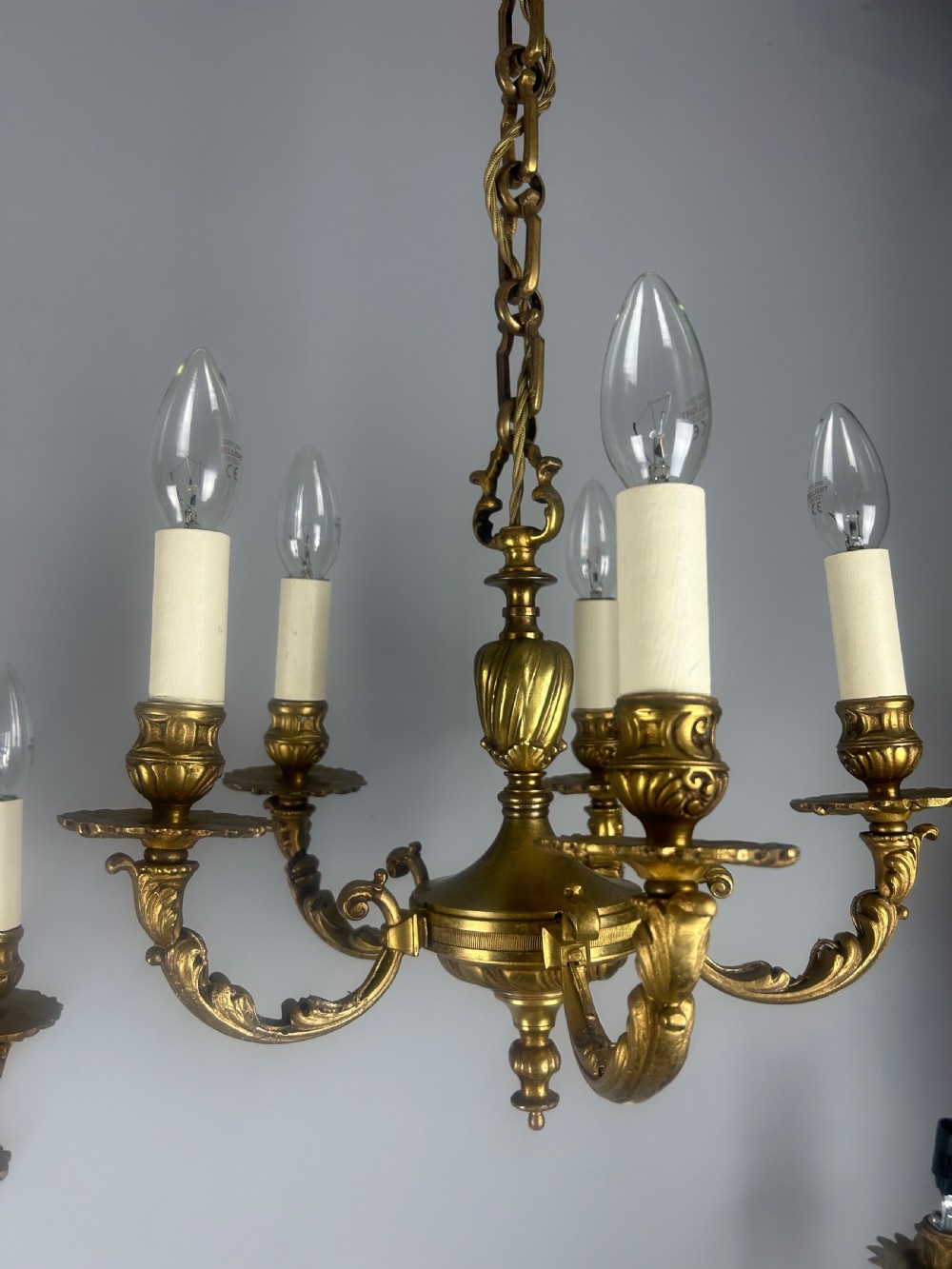 Pair of French Gilded Bronze 5 Light Antique Chandeliers View VI