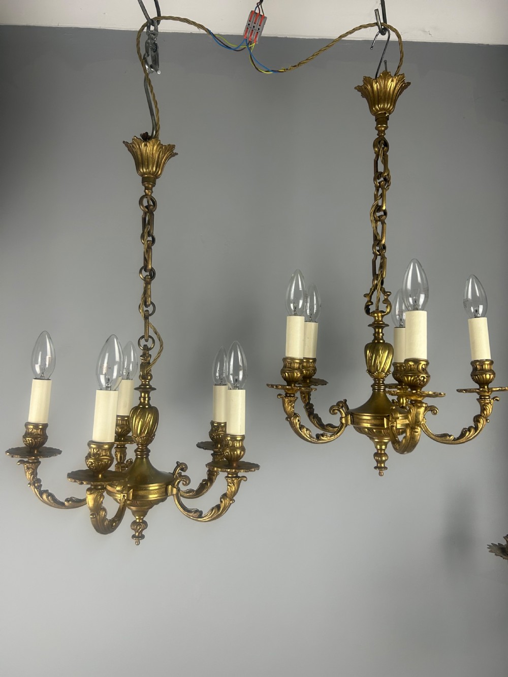 Pair of French Gilded Bronze 5 Light Antique Chandeliers View VIII