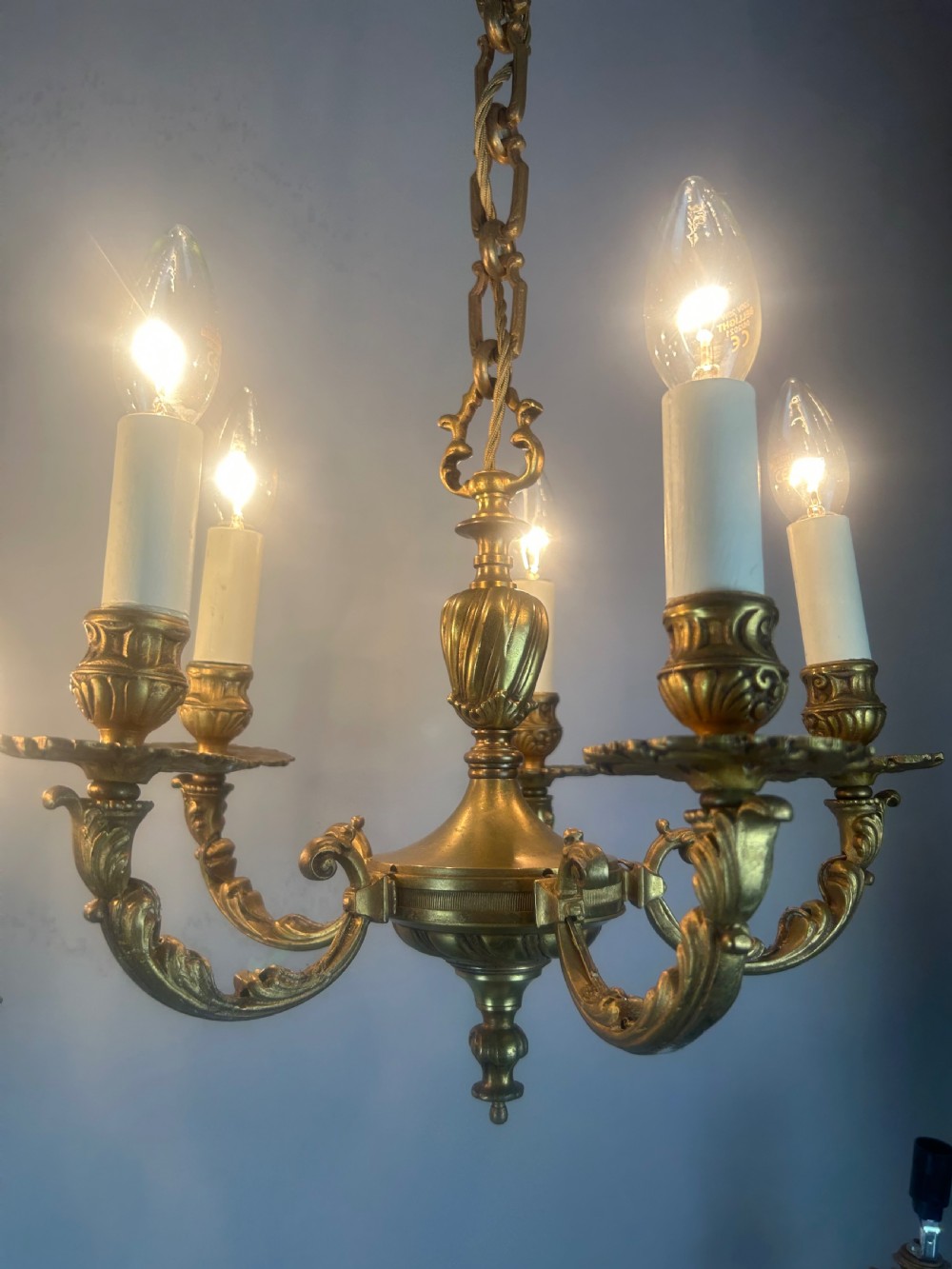 Pair of French Gilded Bronze 5 Light Antique Chandeliers View IX