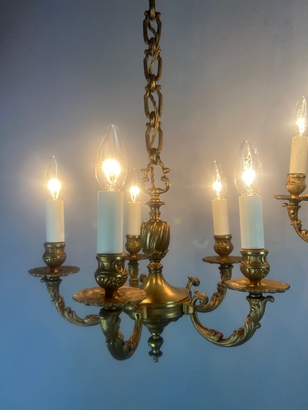 Pair of French Gilded Bronze 5 Light Antique Chandeliers View X