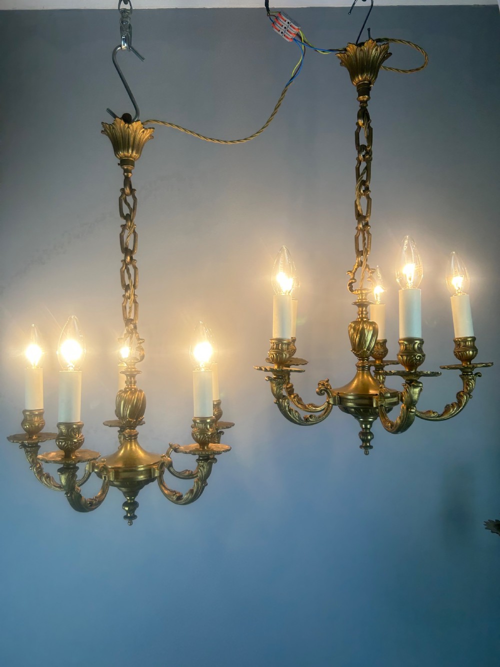 Pair of French Gilded Bronze 5 Light Antique Chandeliers View XI