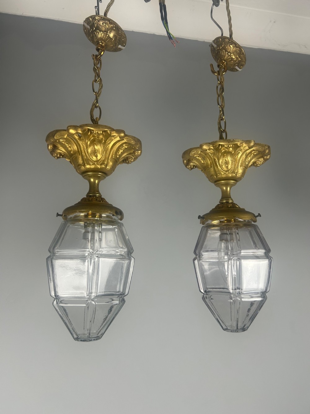 Pair of French Louis XVI Style Bronze Gilt & Cut Glass Ceiling Lanterns, Ceiling Lights 