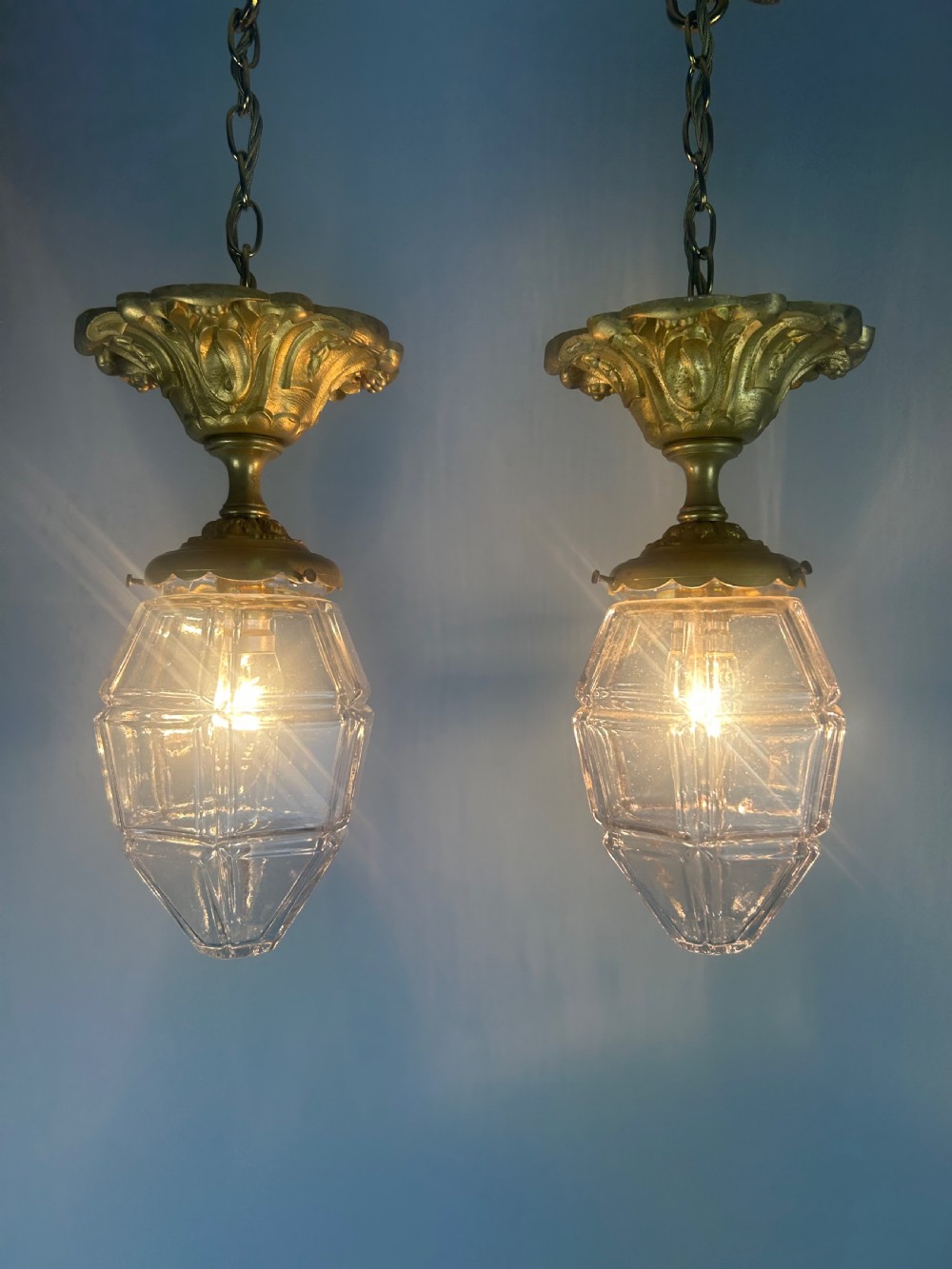 Pair of French Louis XVI Style Bronze Gilt & Cut Glass Ceiling Lanterns, Ceiling Lights  View II