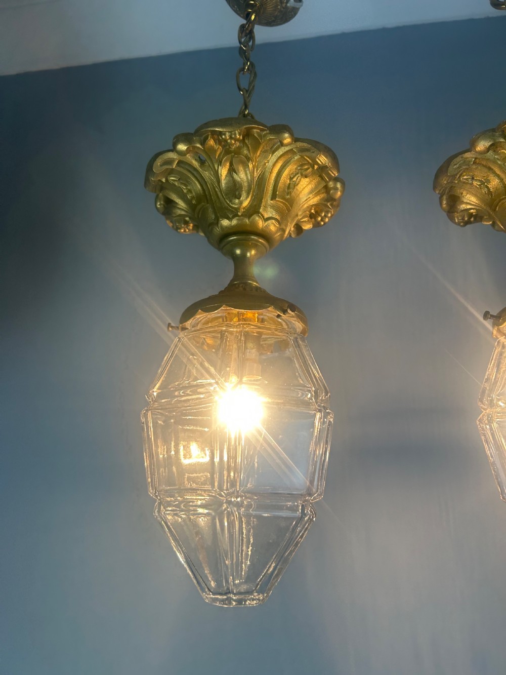 Pair of French Louis XVI Style Bronze Gilt & Cut Glass Ceiling Lanterns, Ceiling Lights  View III