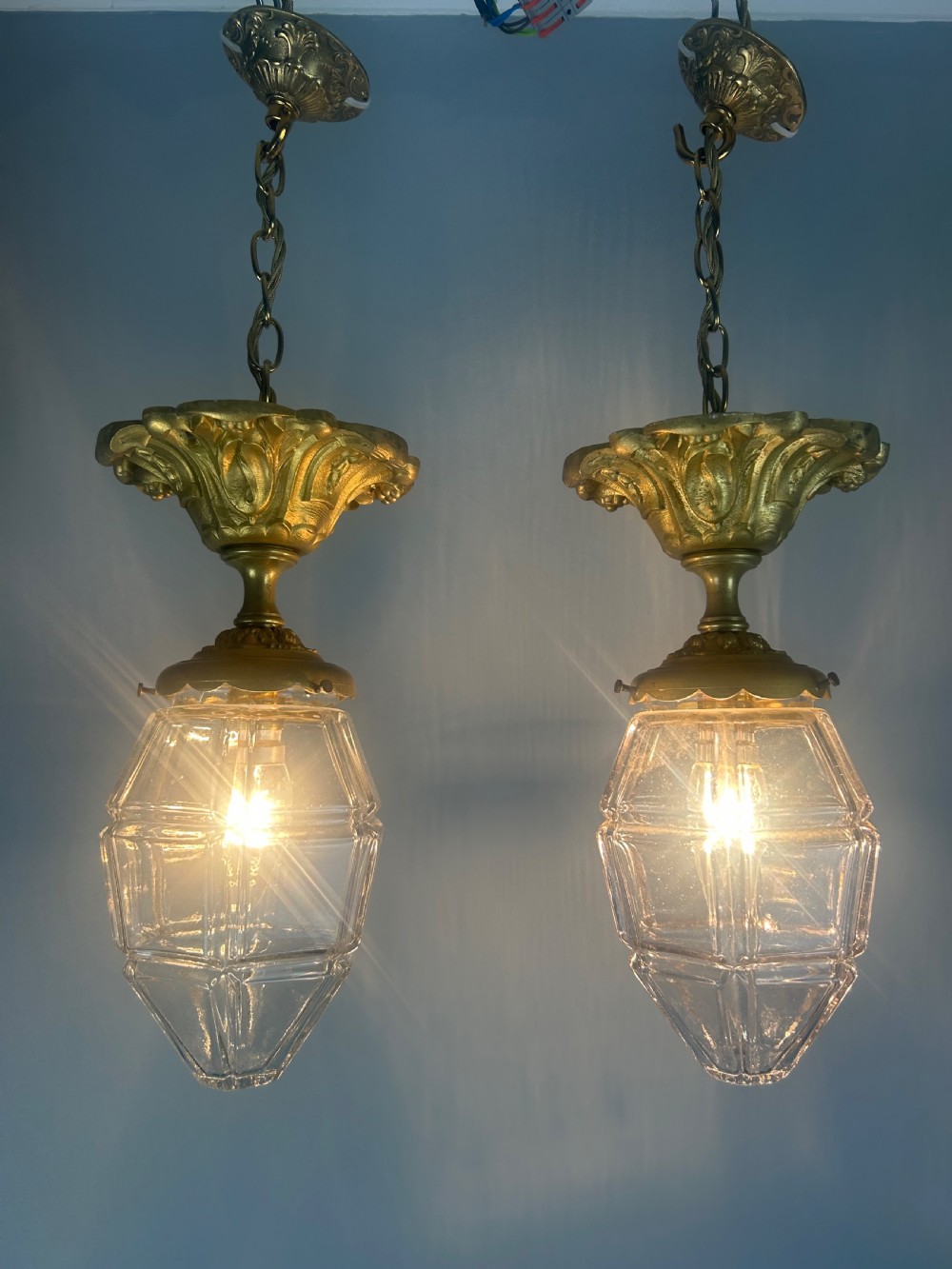 Pair of French Louis XVI Style Bronze Gilt & Cut Glass Ceiling Lanterns, Ceiling Lights  View V