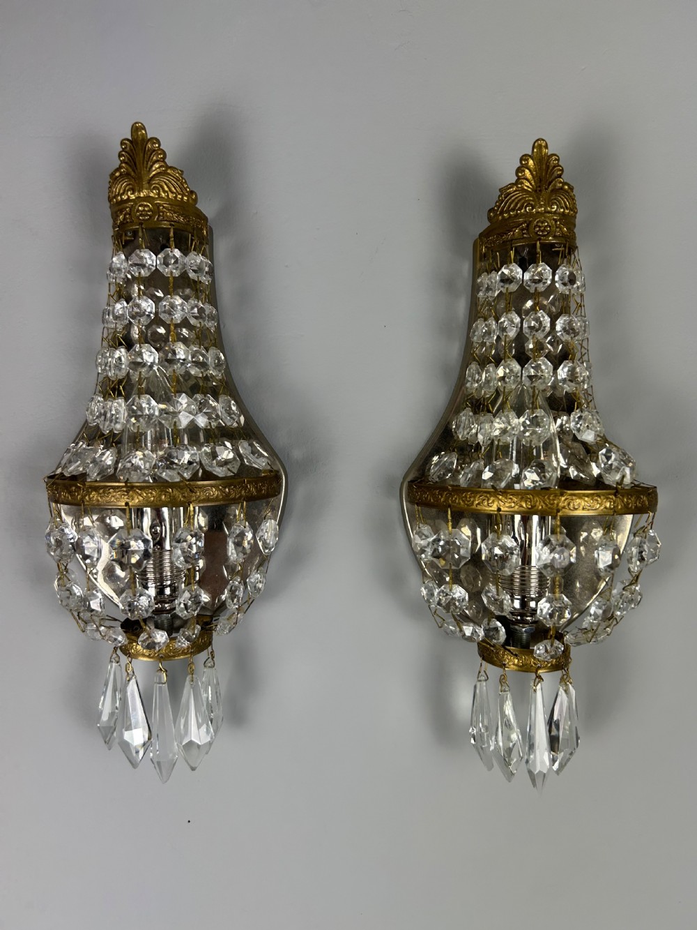 Pair of French Single Light  Montgolfier Crystal Antique Wall Lights