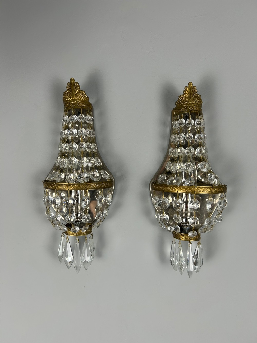 Pair of French Single Light  Montgolfier Crystal Antique Wall Lights View II