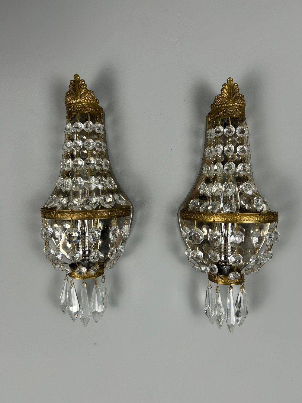 Pair of French Single Light  Montgolfier Crystal Antique Wall Lights View V