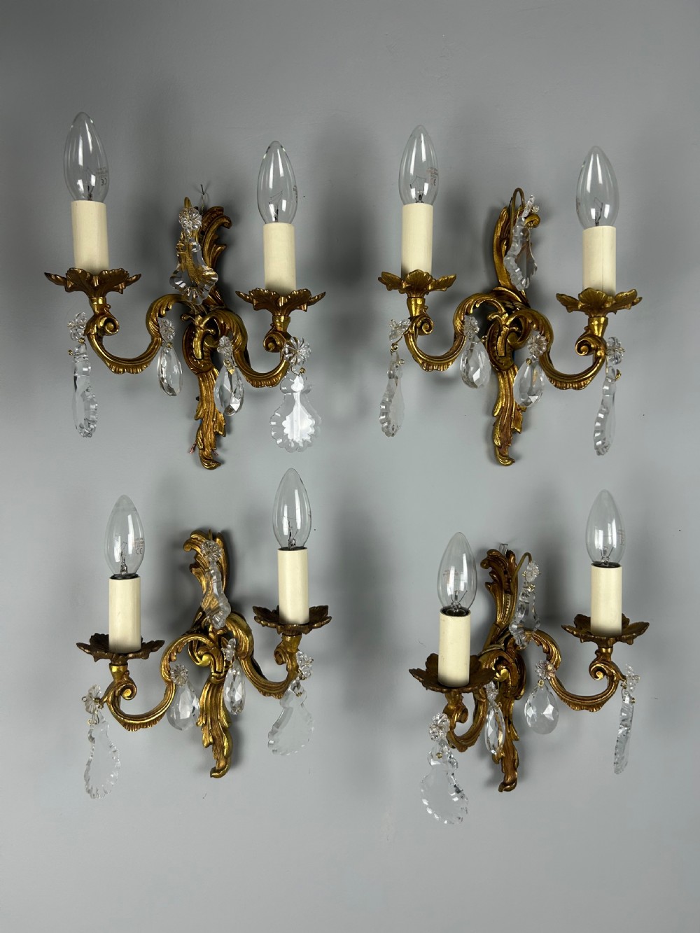 Set of 4 French Gilded Twin Arm Antique Wall Lights With Crystals