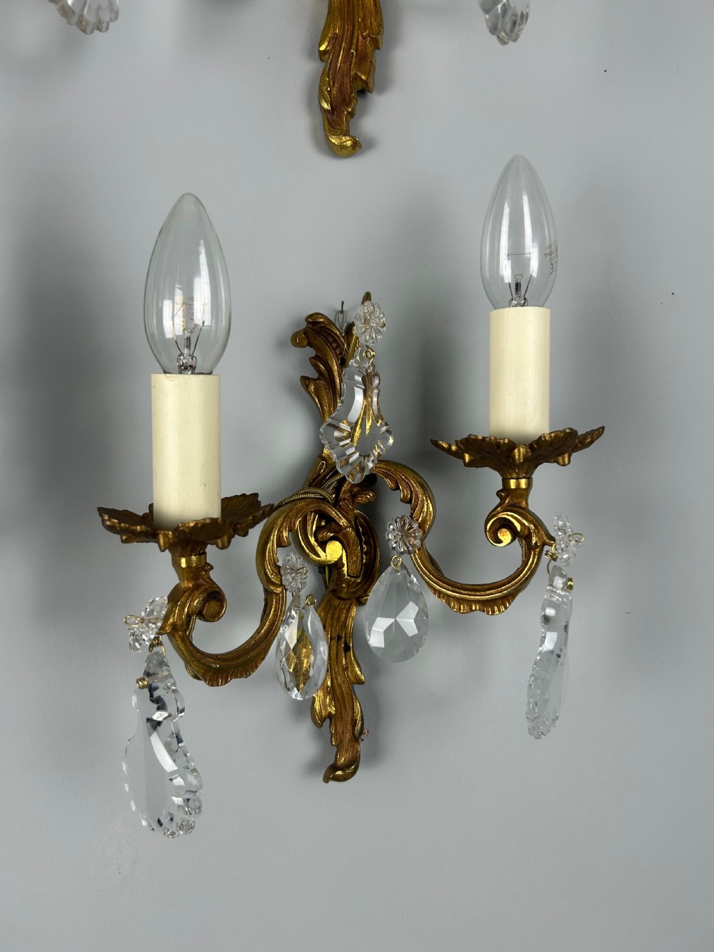 Set of 4 French Gilded Twin Arm Antique Wall Lights With Crystals View II