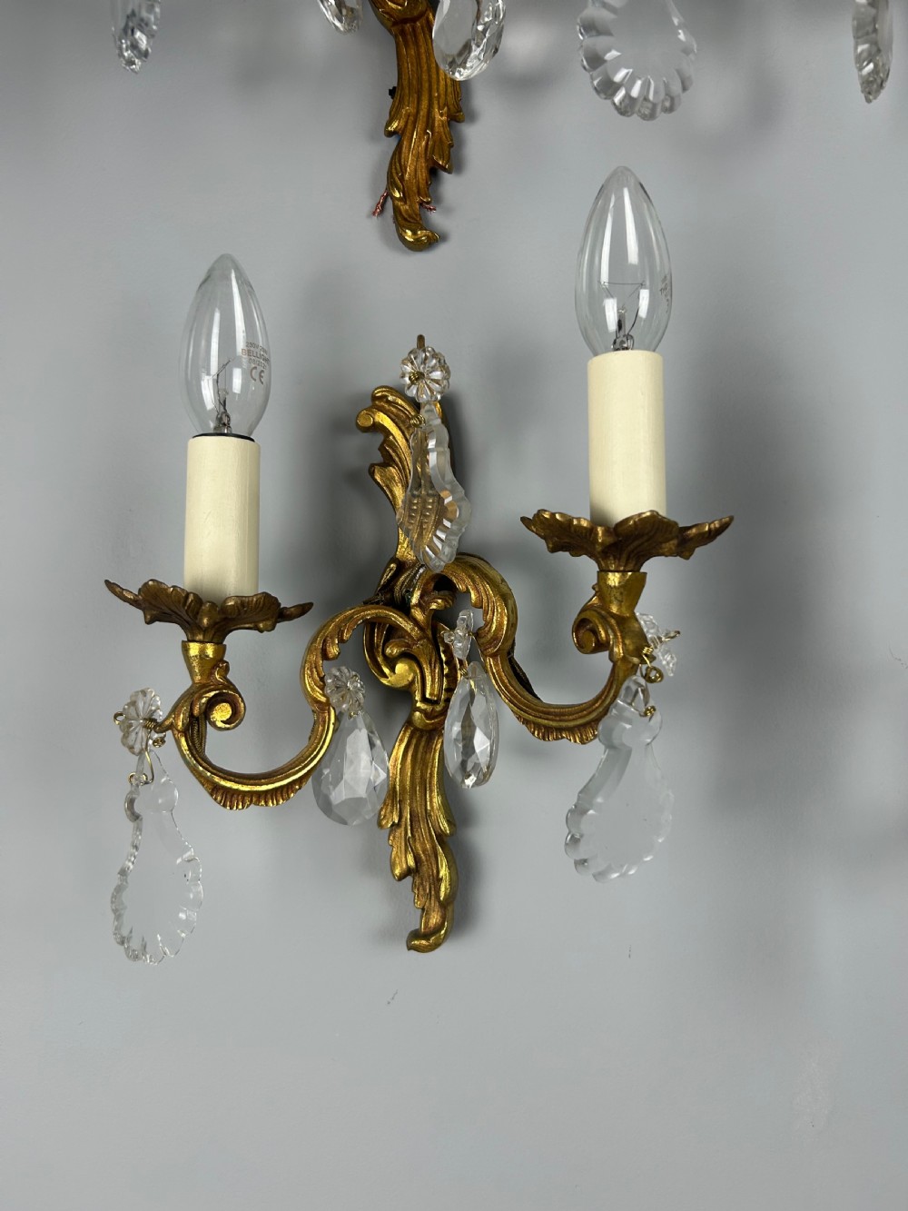 Set of 4 French Gilded Twin Arm Antique Wall Lights With Crystals View III