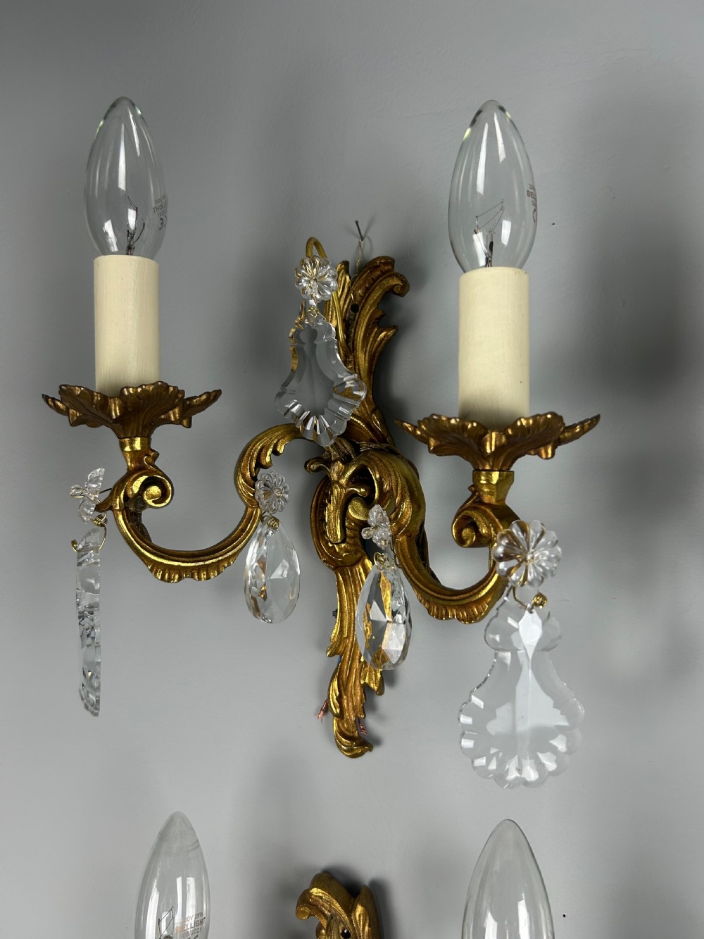 Set of 4 French Gilded Twin Arm Antique Wall Lights With Crystals View IV