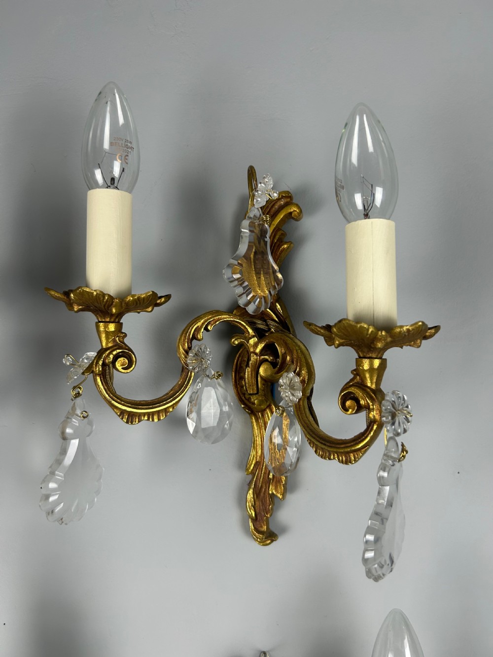 Set of 4 French Gilded Twin Arm Antique Wall Lights With Crystals View V