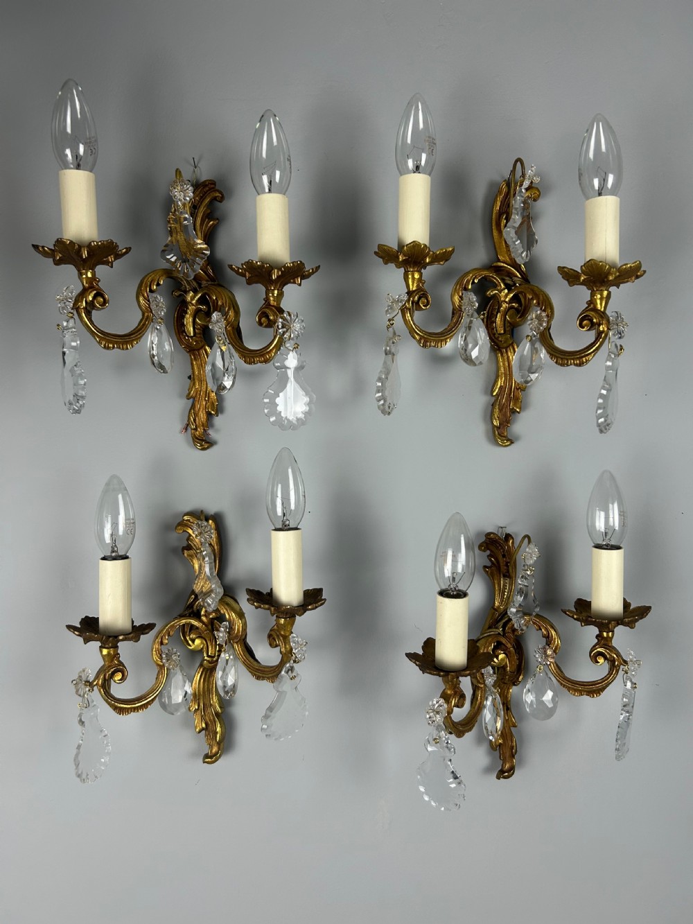 Set of 4 French Gilded Twin Arm Antique Wall Lights With Crystals View VI