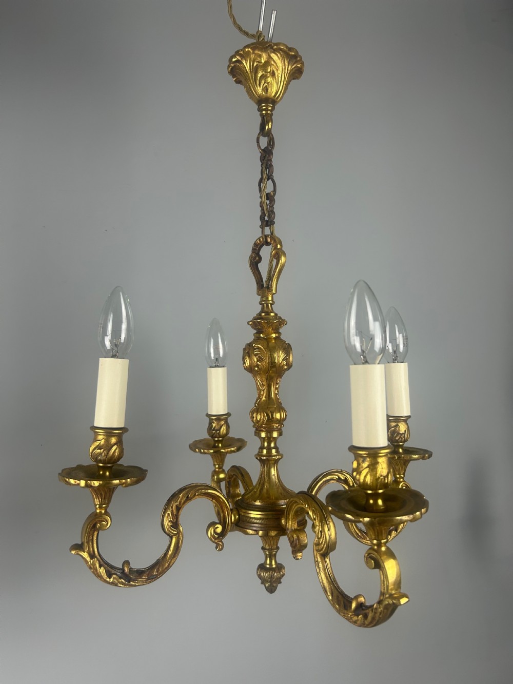 French 4 Light Gilt Brass Chandelier 