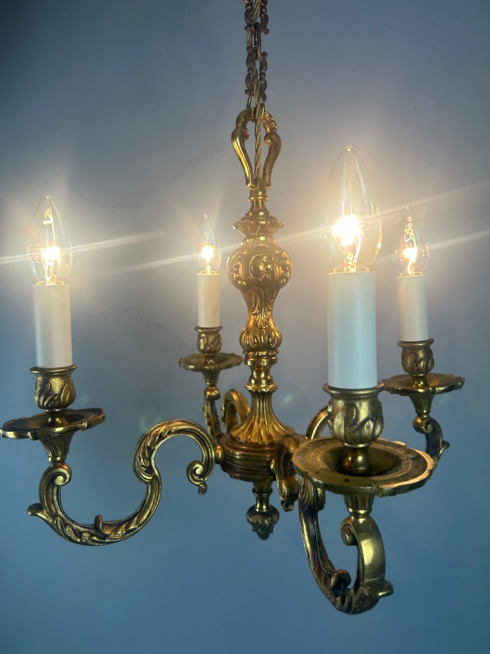 French 4 Light Gilt Brass Chandelier  View II