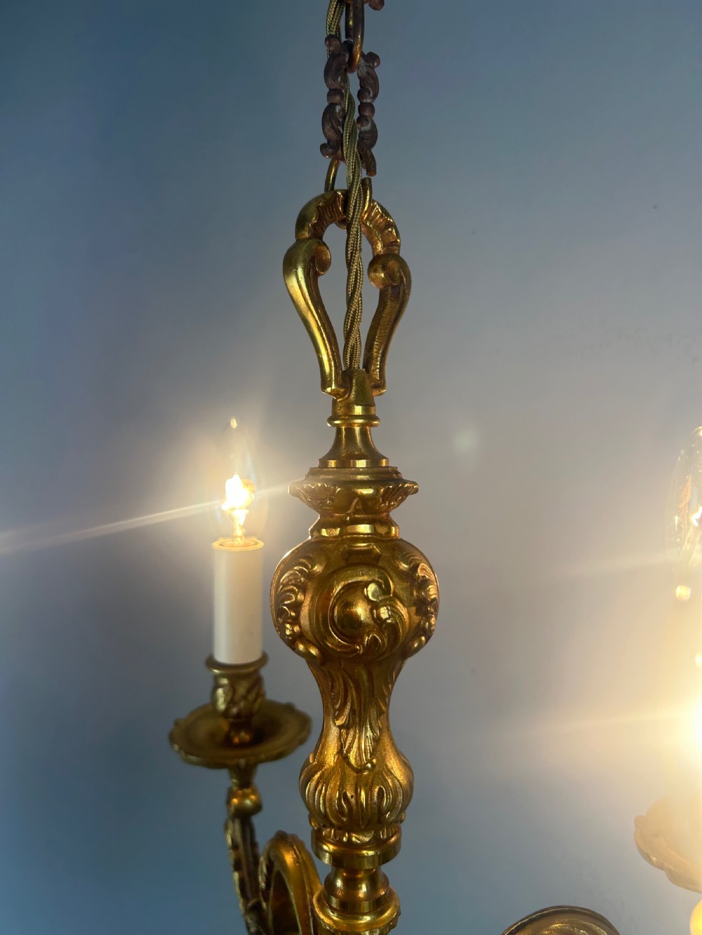 French 4 Light Gilt Brass Chandelier  View III