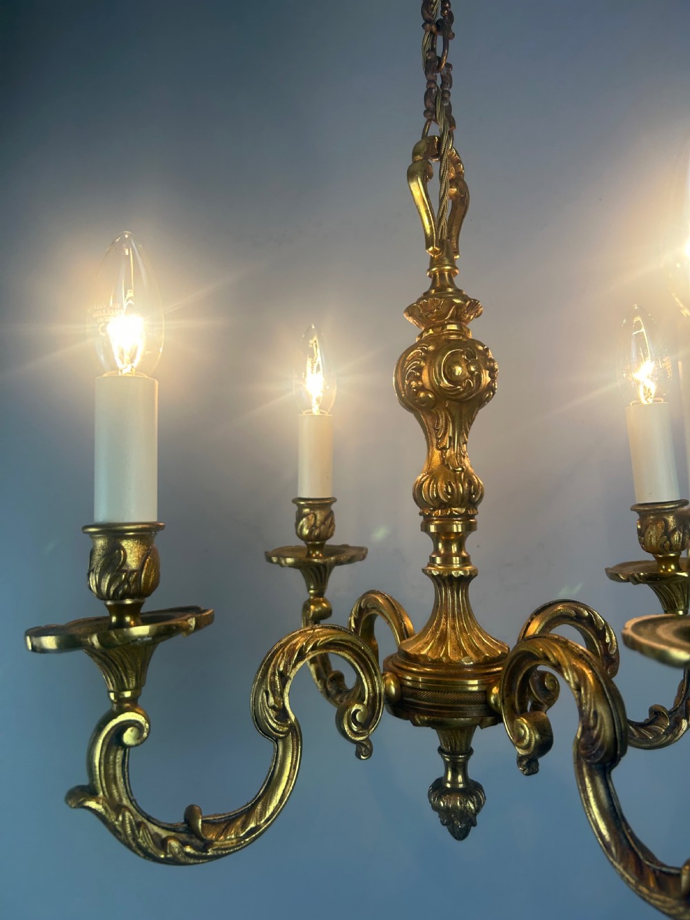 French 4 Light Gilt Brass Chandelier  View IV