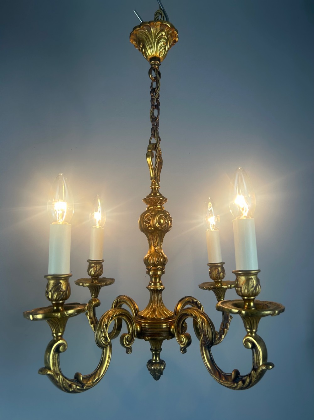 French 4 Light Gilt Brass Chandelier  View V