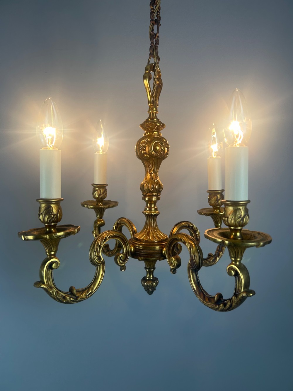 French 4 Light Gilt Brass Chandelier  View VI