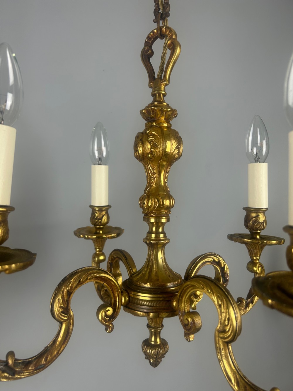 French 4 Light Gilt Brass Chandelier  View X