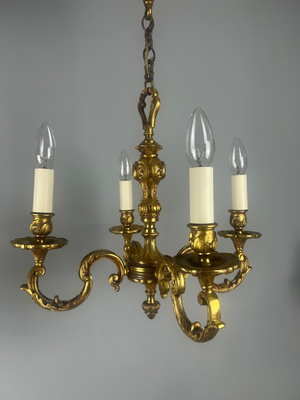 French 4 Light Gilt Brass Chandelier  View XII