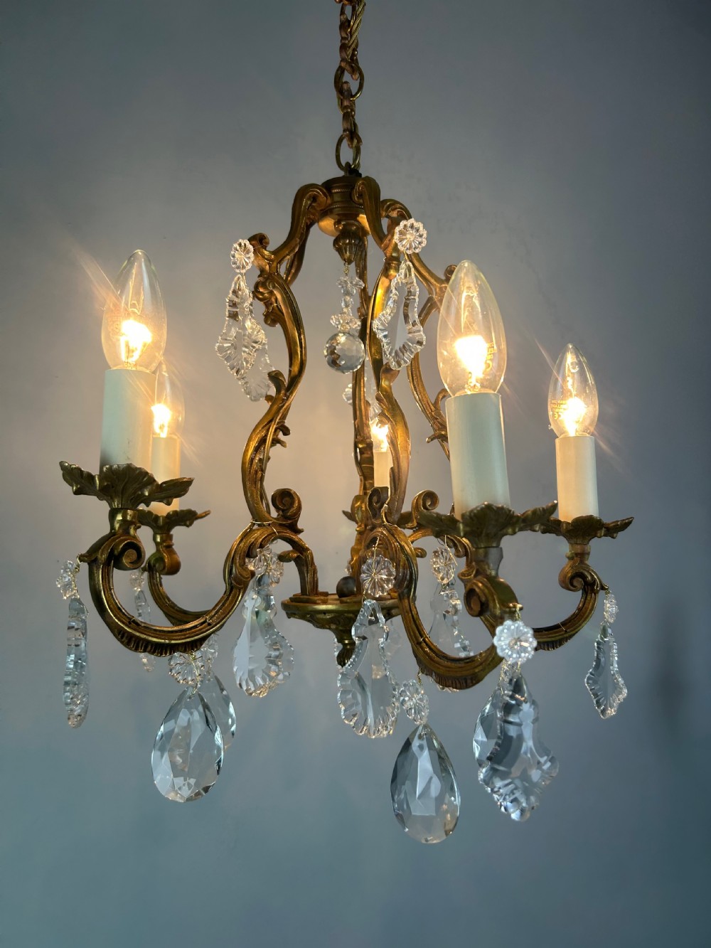 French Gilded & Crystal 5 Light Chandelier View II