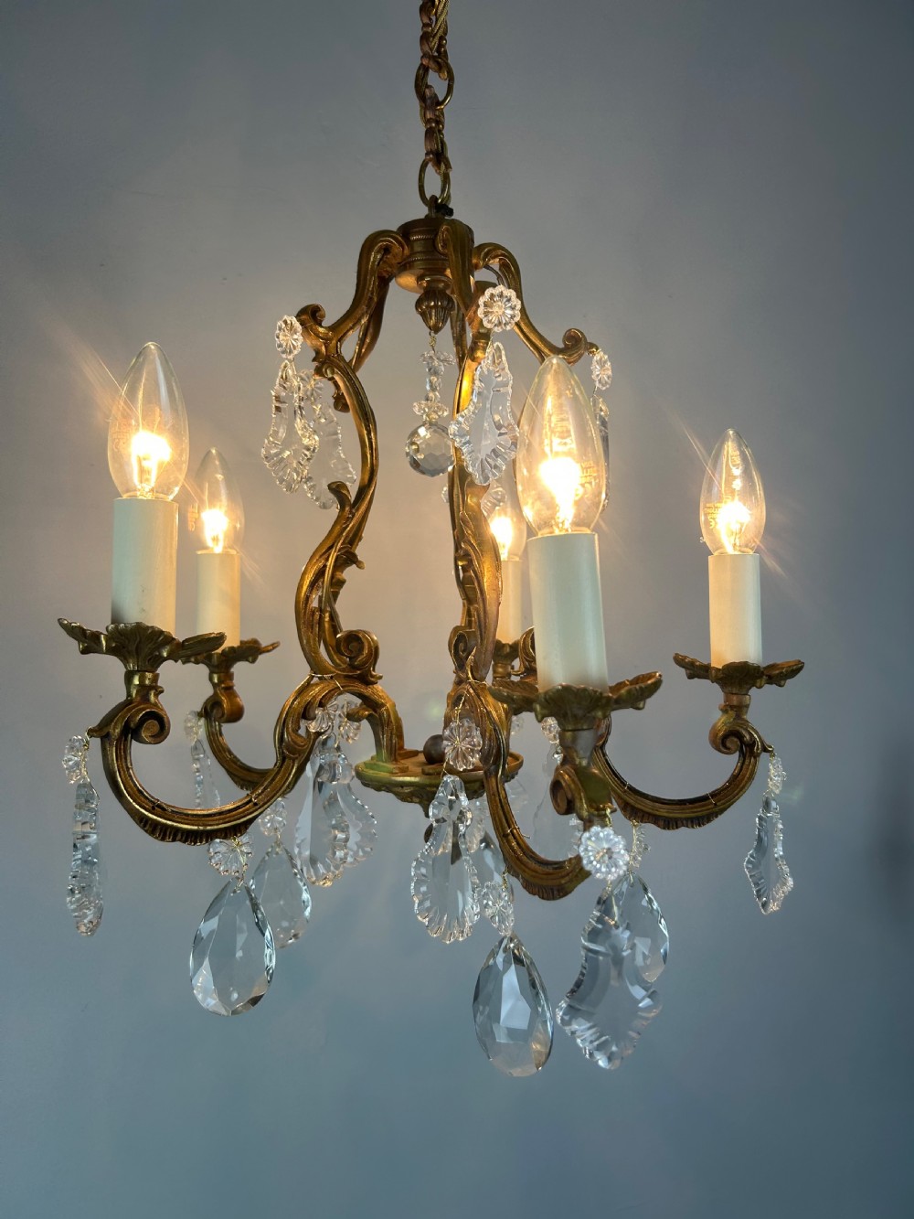 French Gilded & Crystal 5 Light Chandelier View III