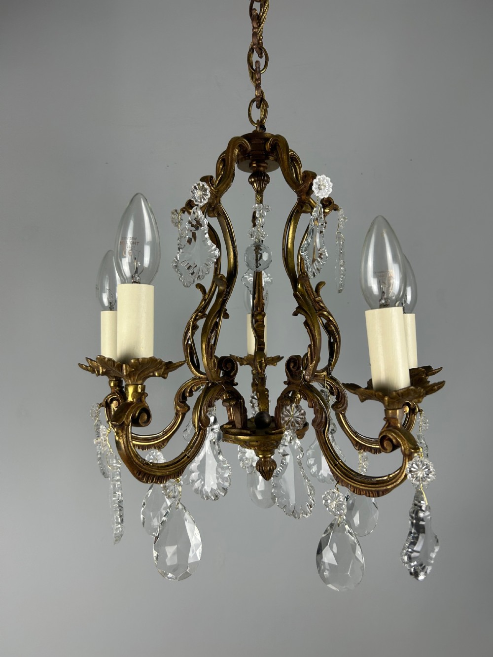 French Gilded & Crystal 5 Light Chandelier View VI