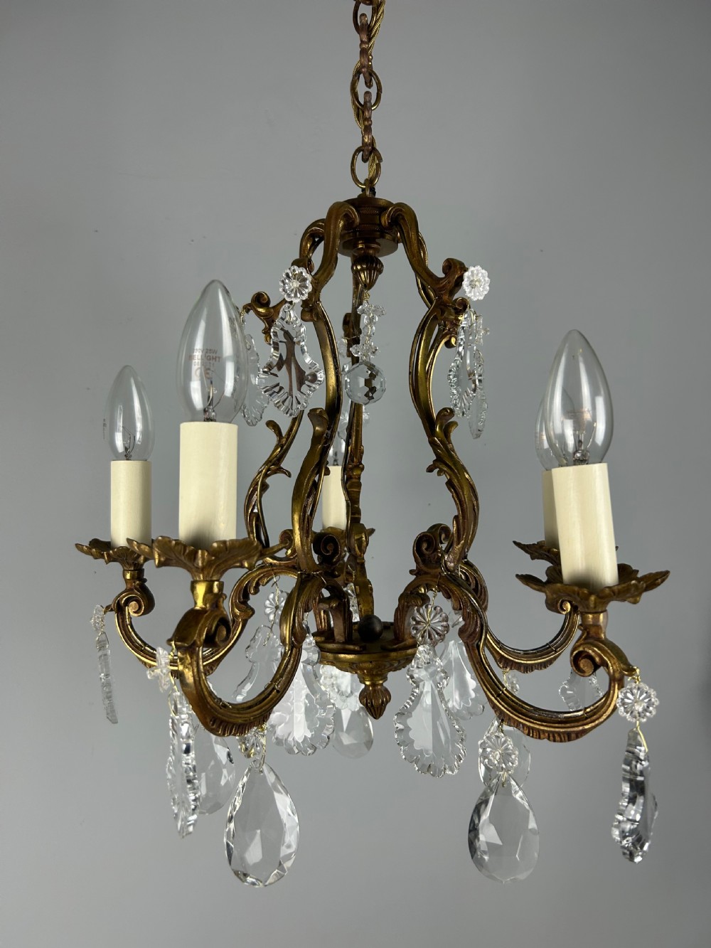 French Gilded & Crystal 5 Light Chandelier View X