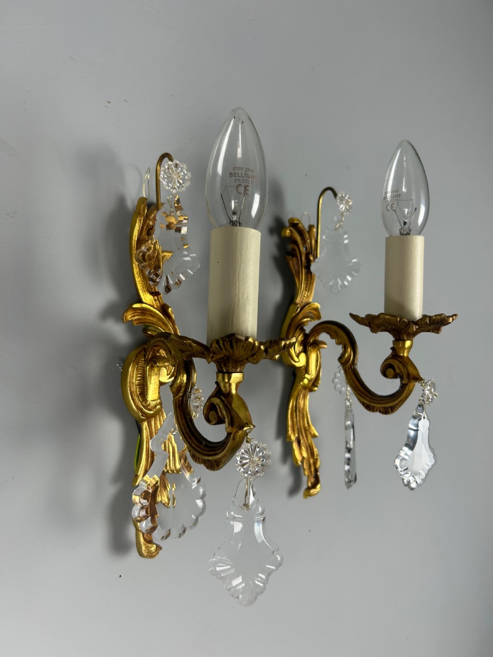 Pair of French Gilt Brass & Crystal Single Arm Wall Lights 