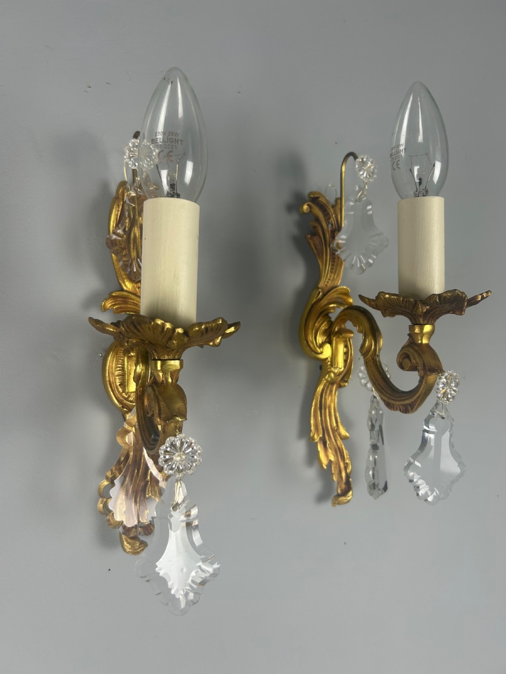 Pair of French Gilt Brass & Crystal Single Arm Wall Lights  View II