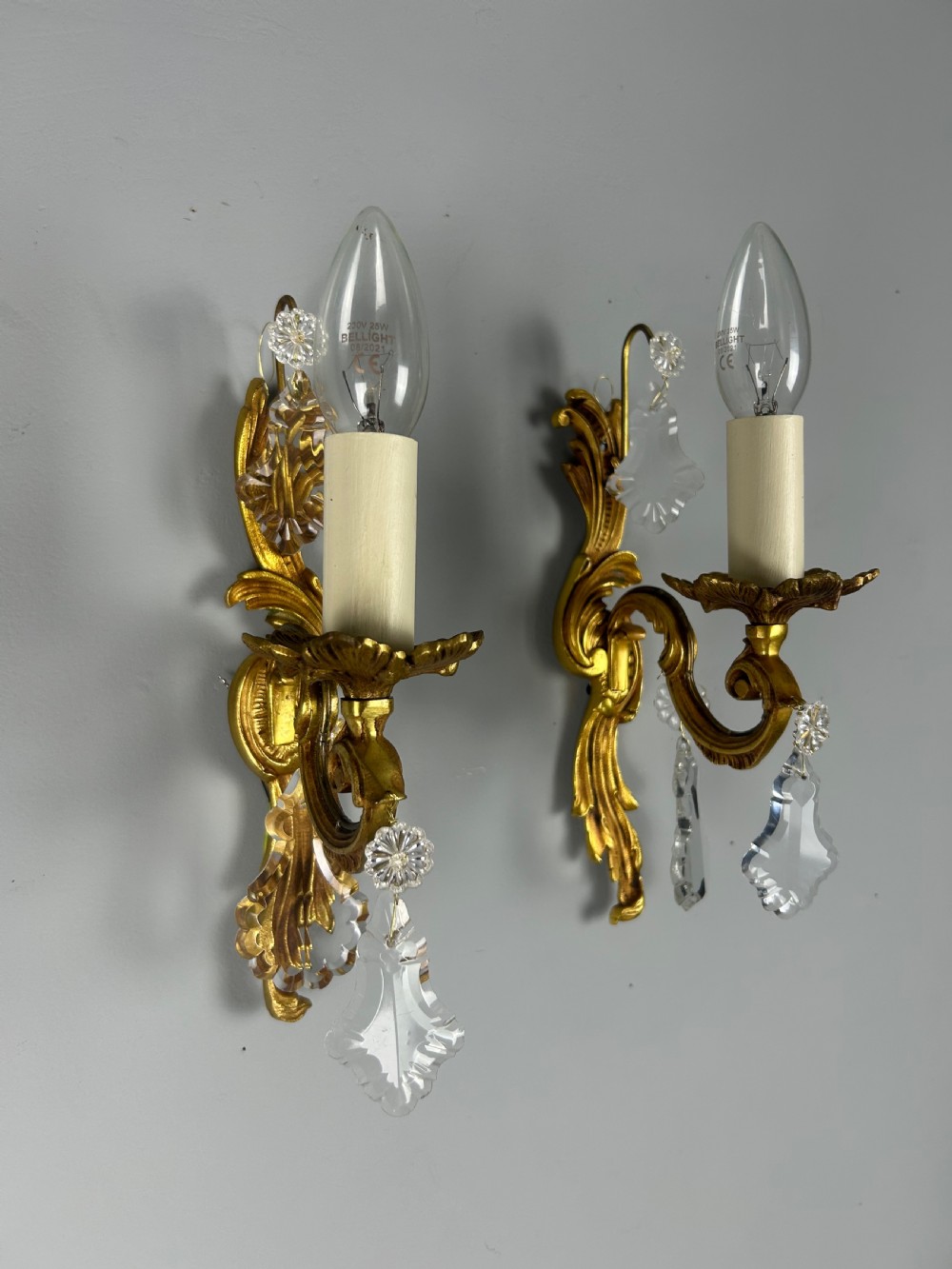Pair of French Gilt Brass & Crystal Single Arm Wall Lights  View III
