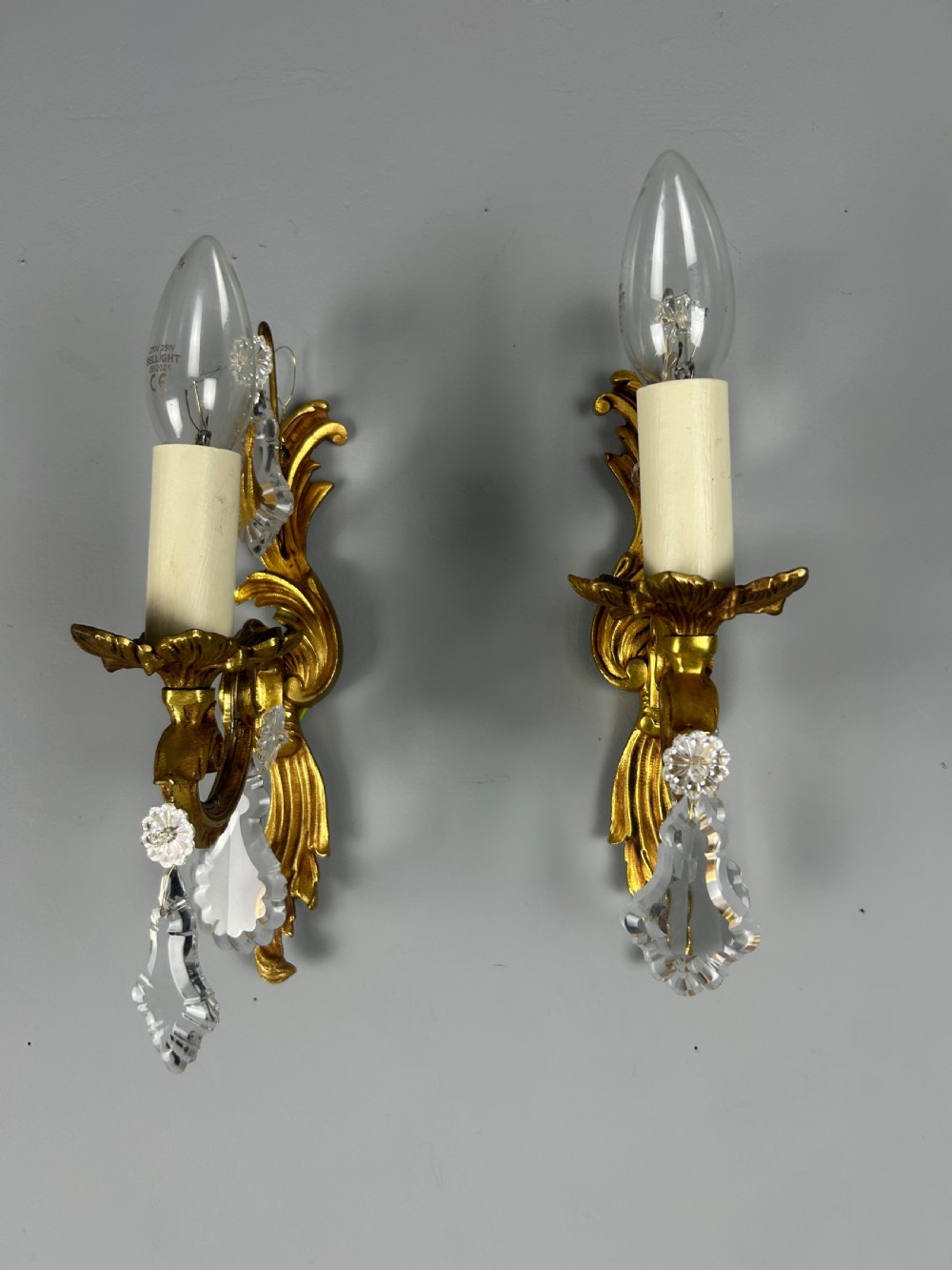 Pair of French Gilt Brass & Crystal Single Arm Wall Lights  View IV