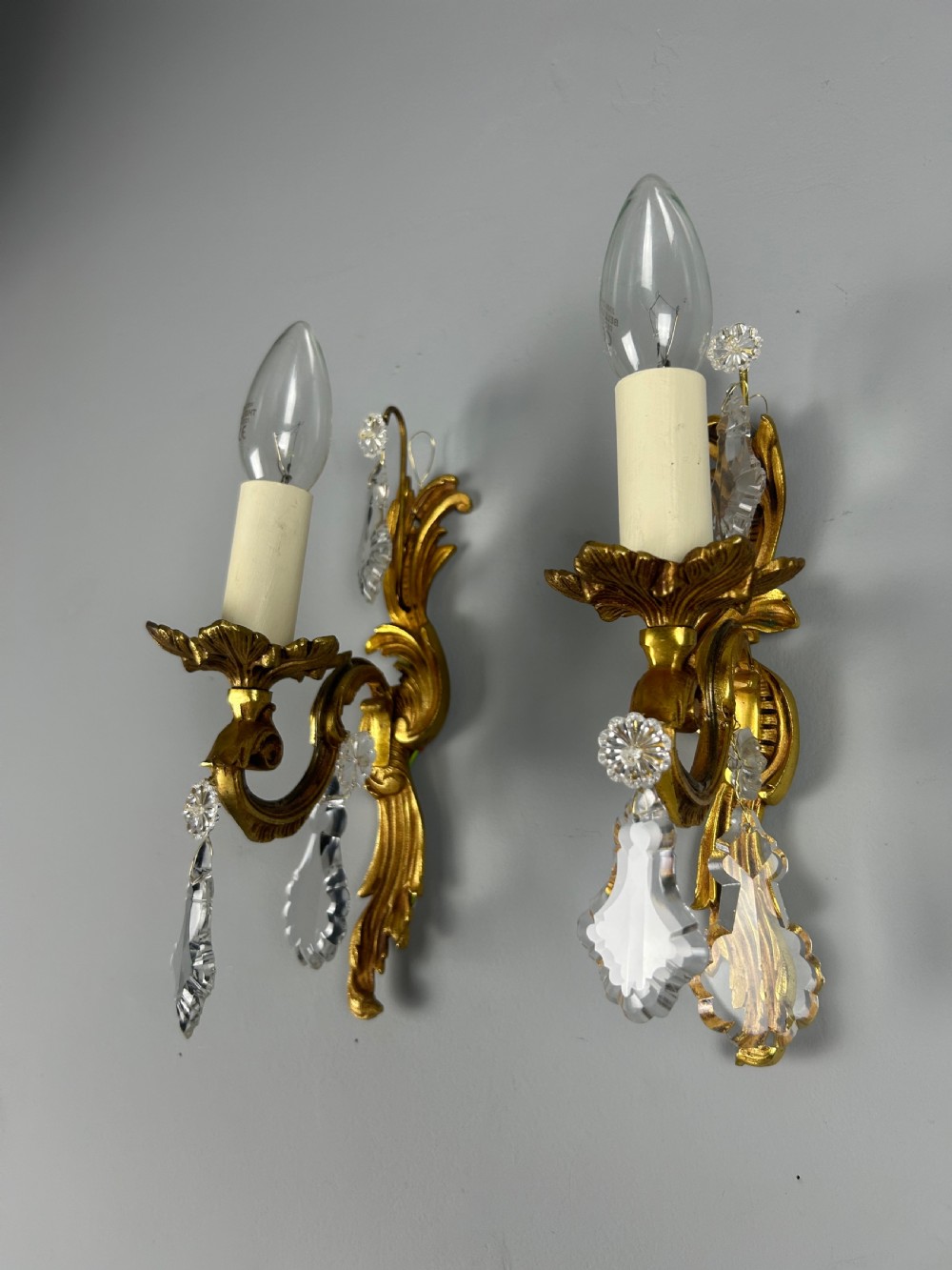 Pair of French Gilt Brass & Crystal Single Arm Wall Lights  View V