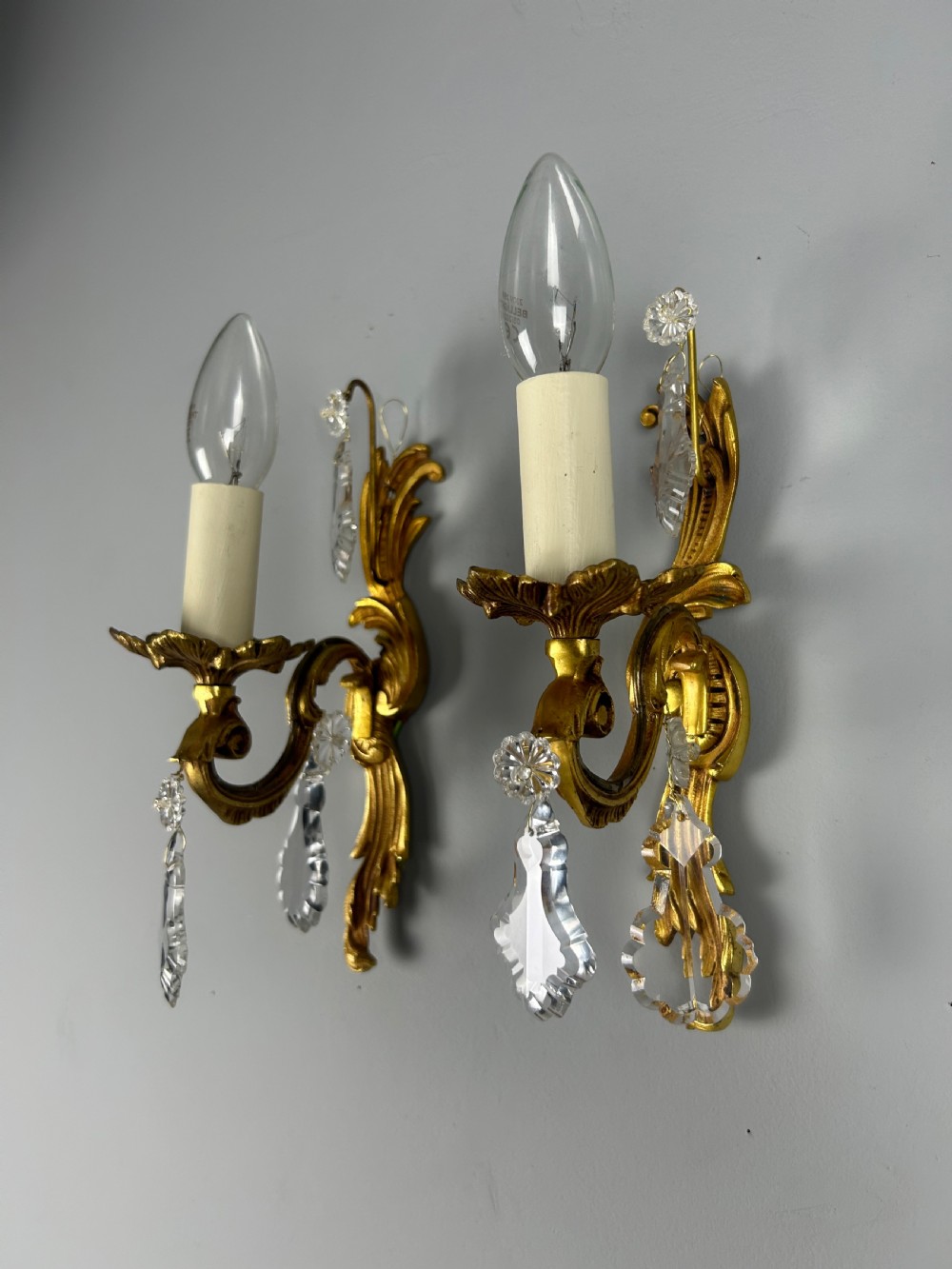 Pair of French Gilt Brass & Crystal Single Arm Wall Lights  View VI
