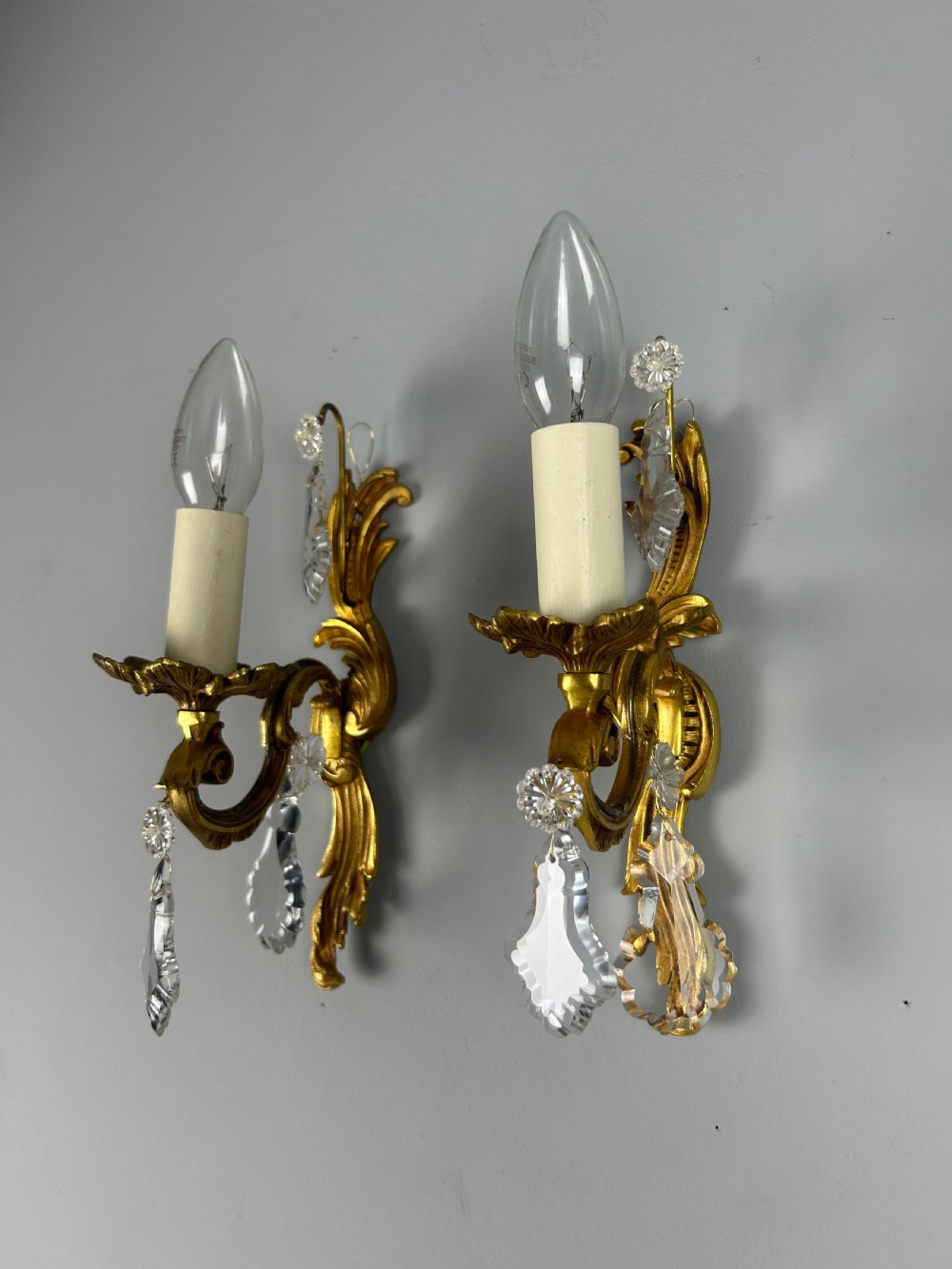 Pair of French Gilt Brass & Crystal Single Arm Wall Lights  View VII