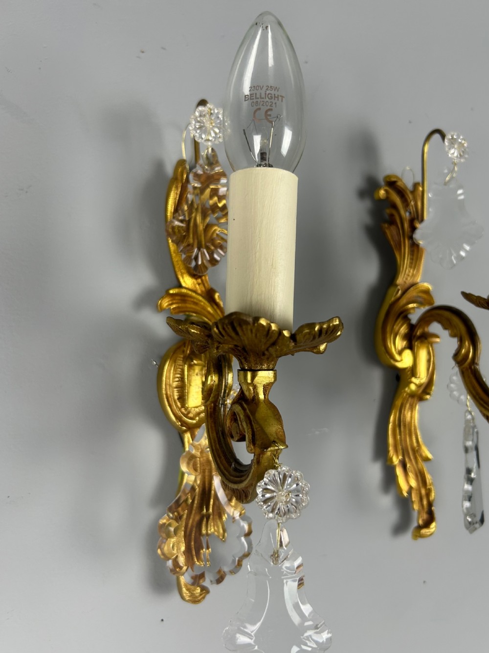 Pair of French Gilt Brass & Crystal Single Arm Wall Lights  View VIII