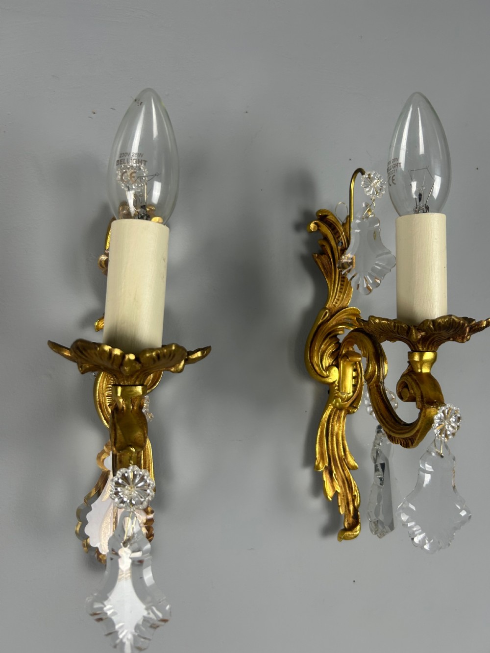 Pair of French Gilt Brass & Crystal Single Arm Wall Lights  View IX
