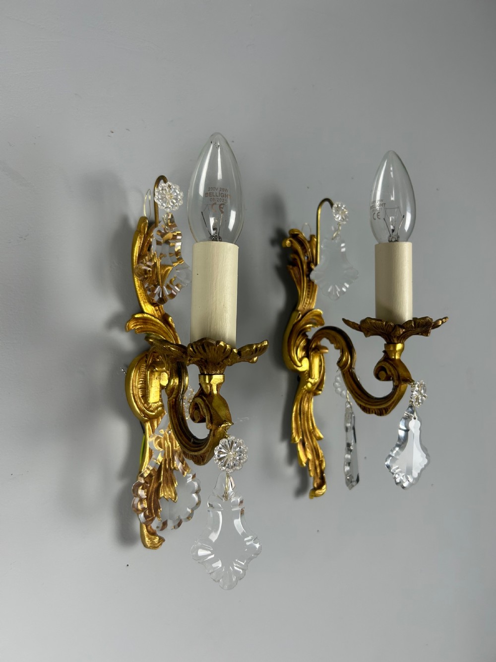Pair of French Gilt Brass & Crystal Single Arm Wall Lights  View X