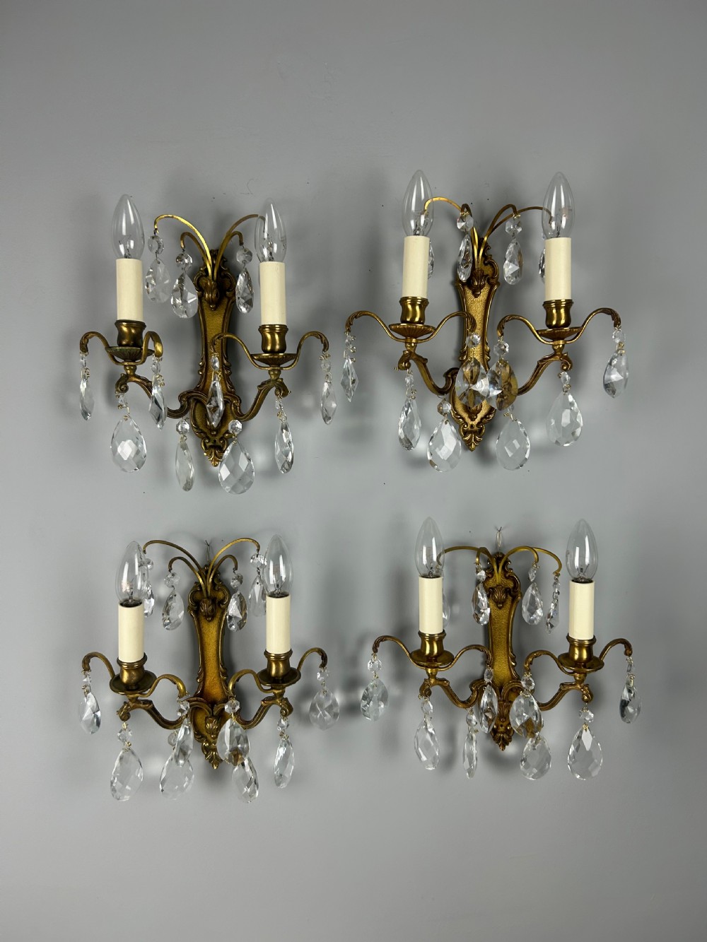 Set of 4 French Gilded Twin Arm Crystal Antique Wall Lights