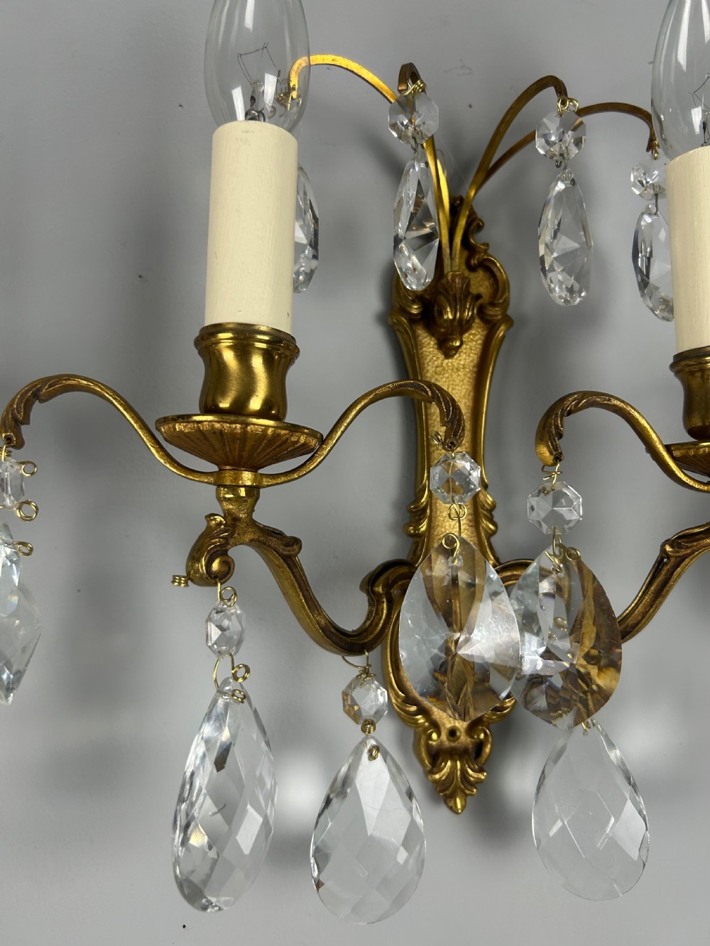 Set of 4 French Gilded Twin Arm Crystal Antique Wall Lights View II