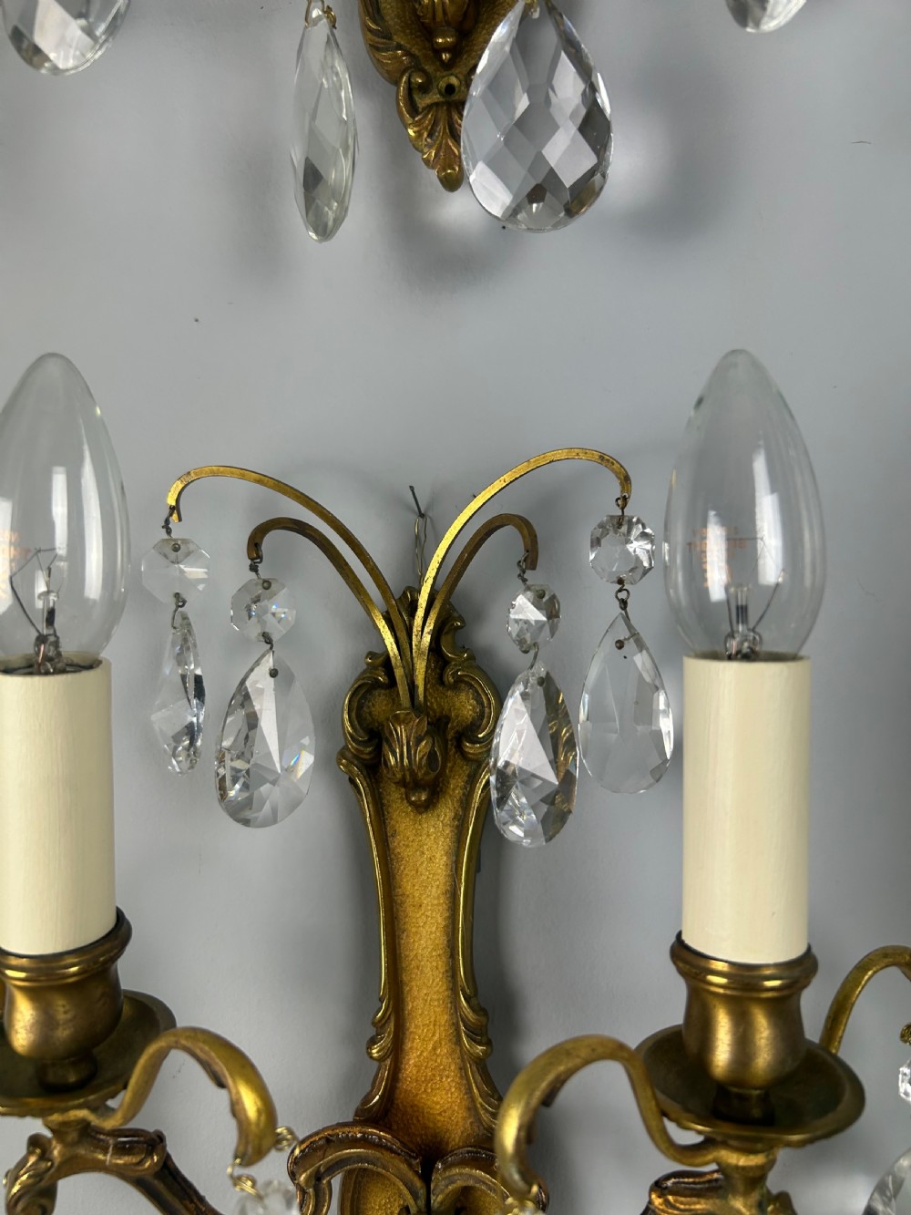 Set of 4 French Gilded Twin Arm Crystal Antique Wall Lights View III